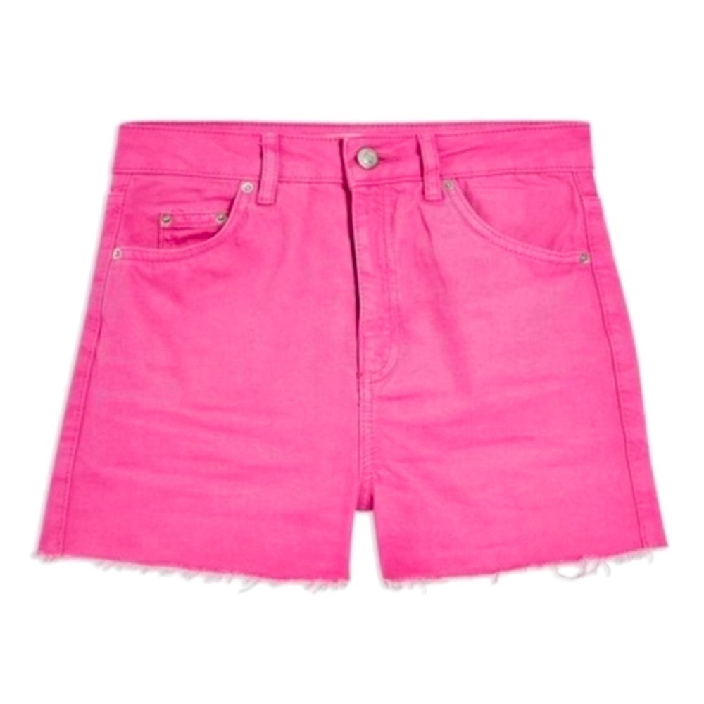 Topshop Womens Hot Pink High Rise Raw Hem Moto Mom Jean Shorts Sz 12 New